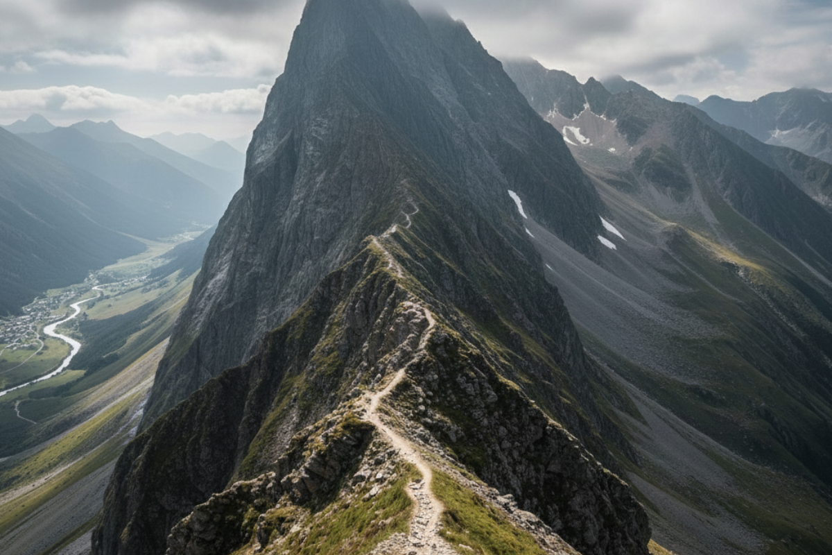 Sendero estrecho y empinado en la cresta de una montaña alta bajo un cielo nublado, representando el desafío de la salud frágil.